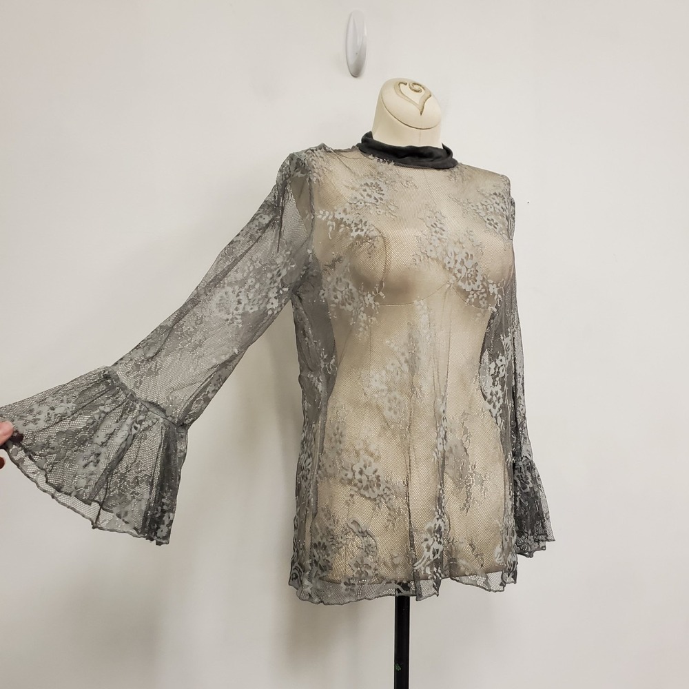 Pol Womens Sheer Lace Flare Sleeve Top Size S Whimsigoth Dark Romantic Long